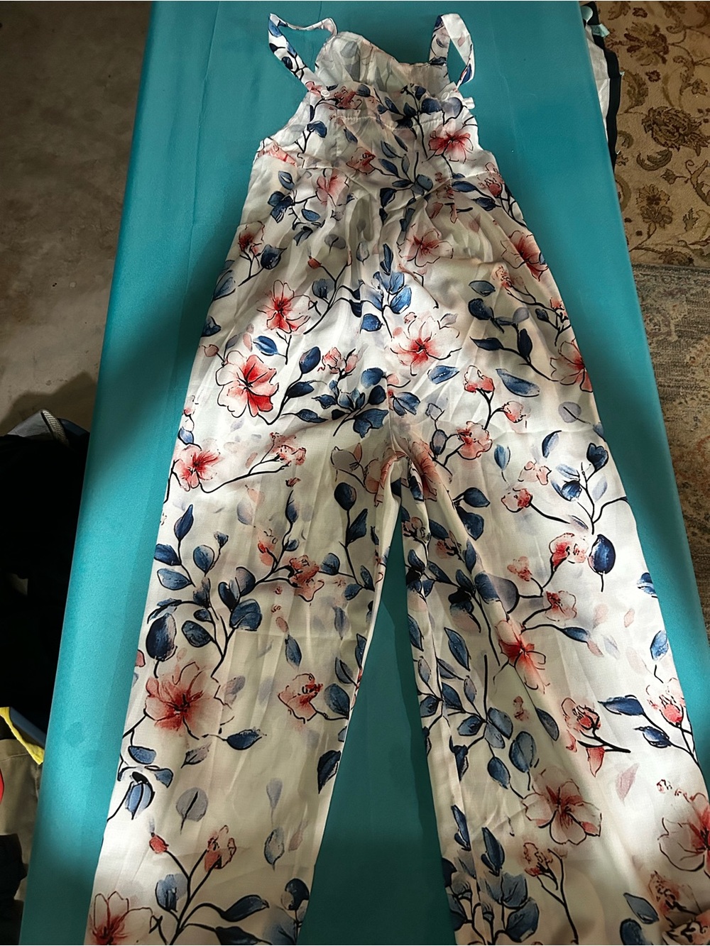Floral White & Blue Strappy Jumpsuit